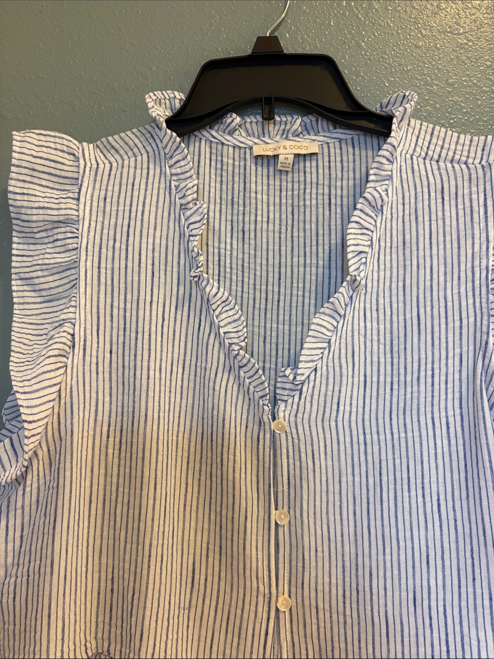 Blue Stripe Ruffle Sleeveless Button-Front Flowy Top - Picture 5 of 11